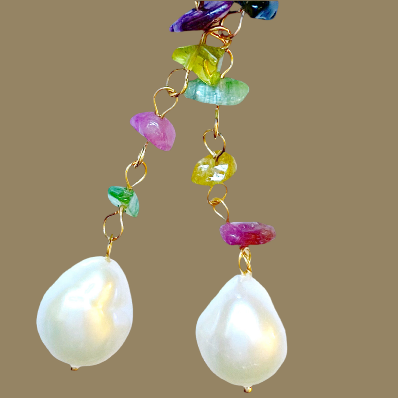 Semi-Precious Tourmaline and Pearl Gemstone Dangle Earrings 2”