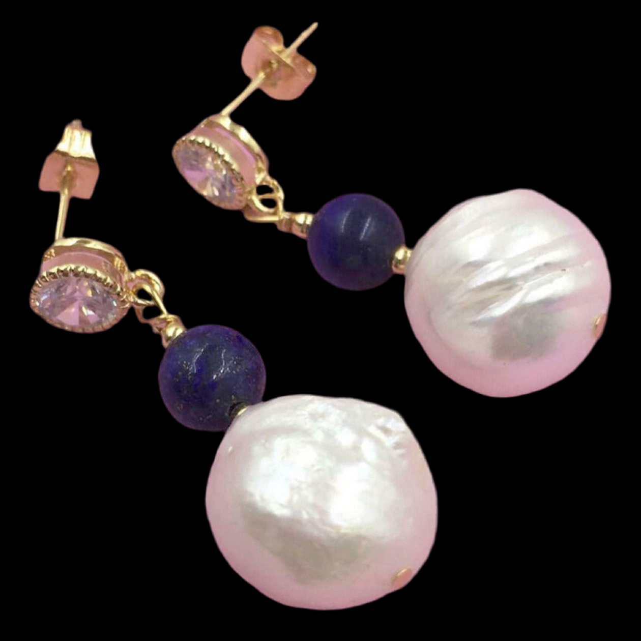 Lapis Lazuli and Baroque Pearl CZ Dangle Earrings