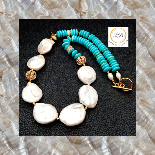 Turquoise & Keshi Pearl Gold Statement Necklace 20