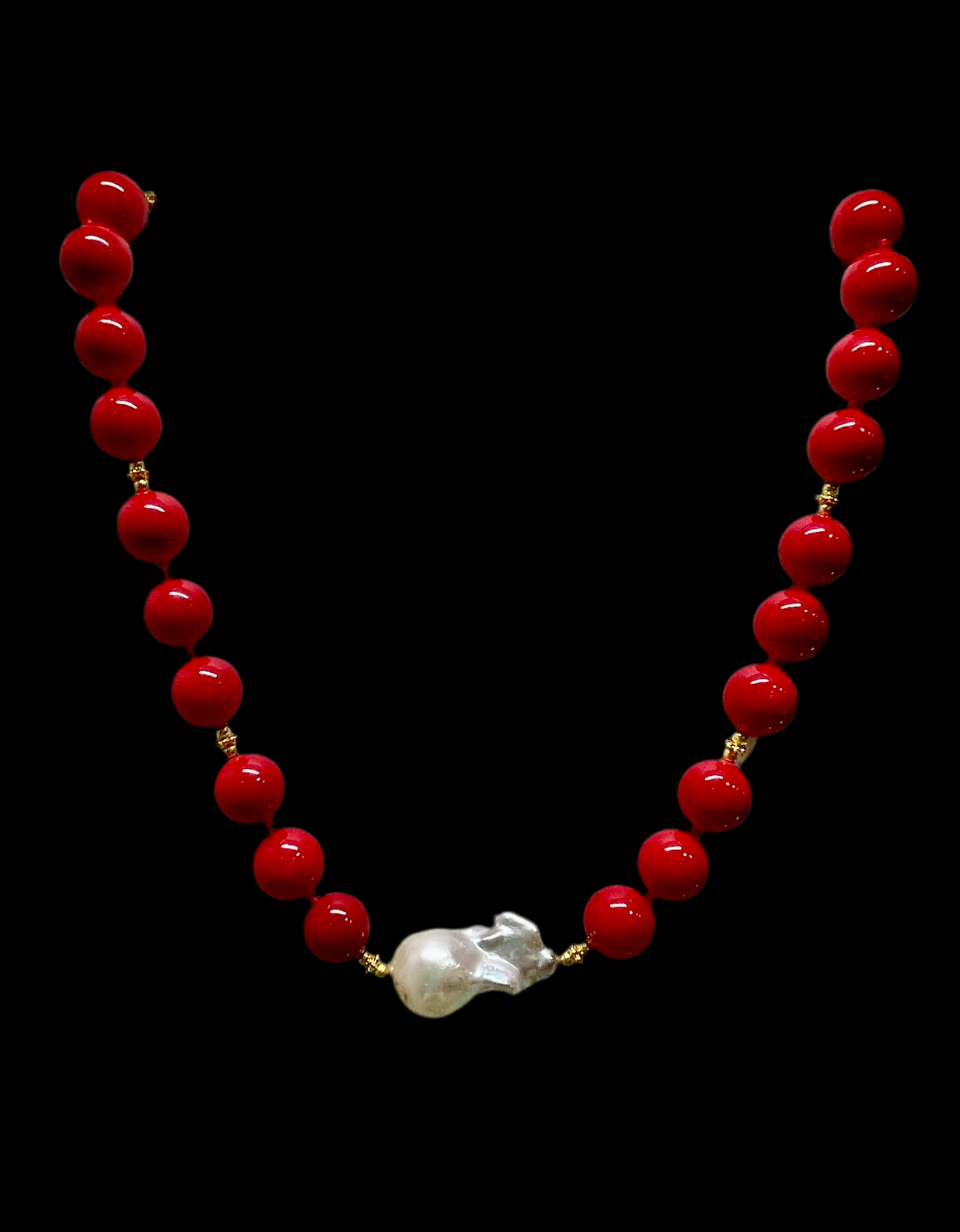 Red Coral & Baroque Pearl Gemstone Statement Necklace 18"