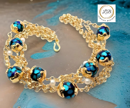 Blue Murano Baubles and Pearl Chain Triple-Strand Statement Necklace 19”