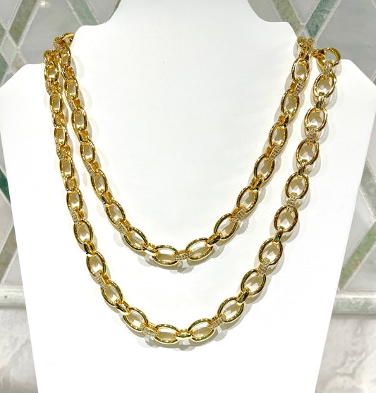 18k Gold-Filled Chunky Rolo Cable & Pave Crystal Gold Chain Necklace