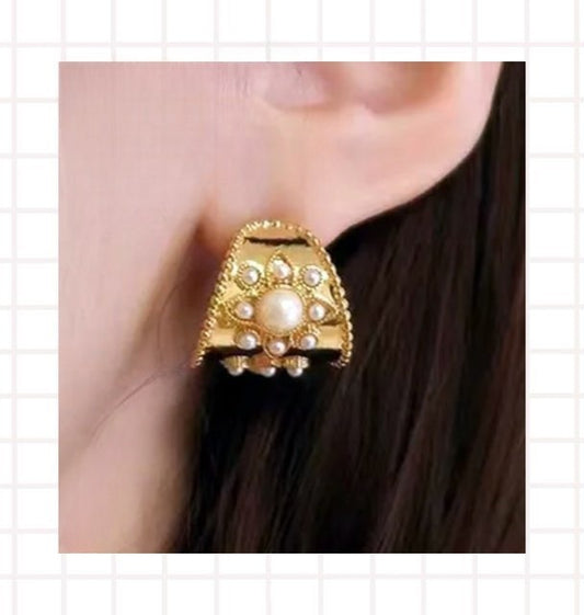 Pearl Huggie Gold Hoop Earrings