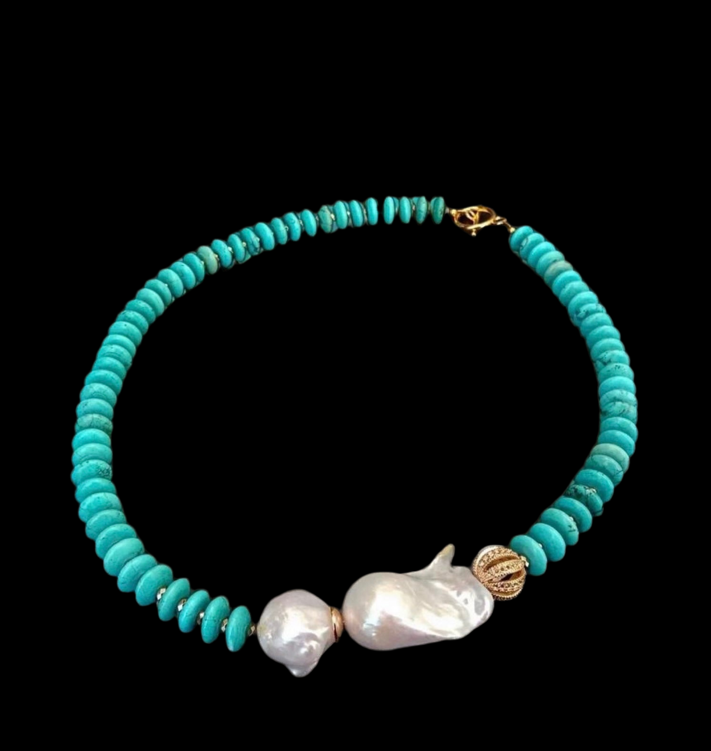 Turquoise and Freshwater Keshi Pearl Gold Statement Necklace 20"