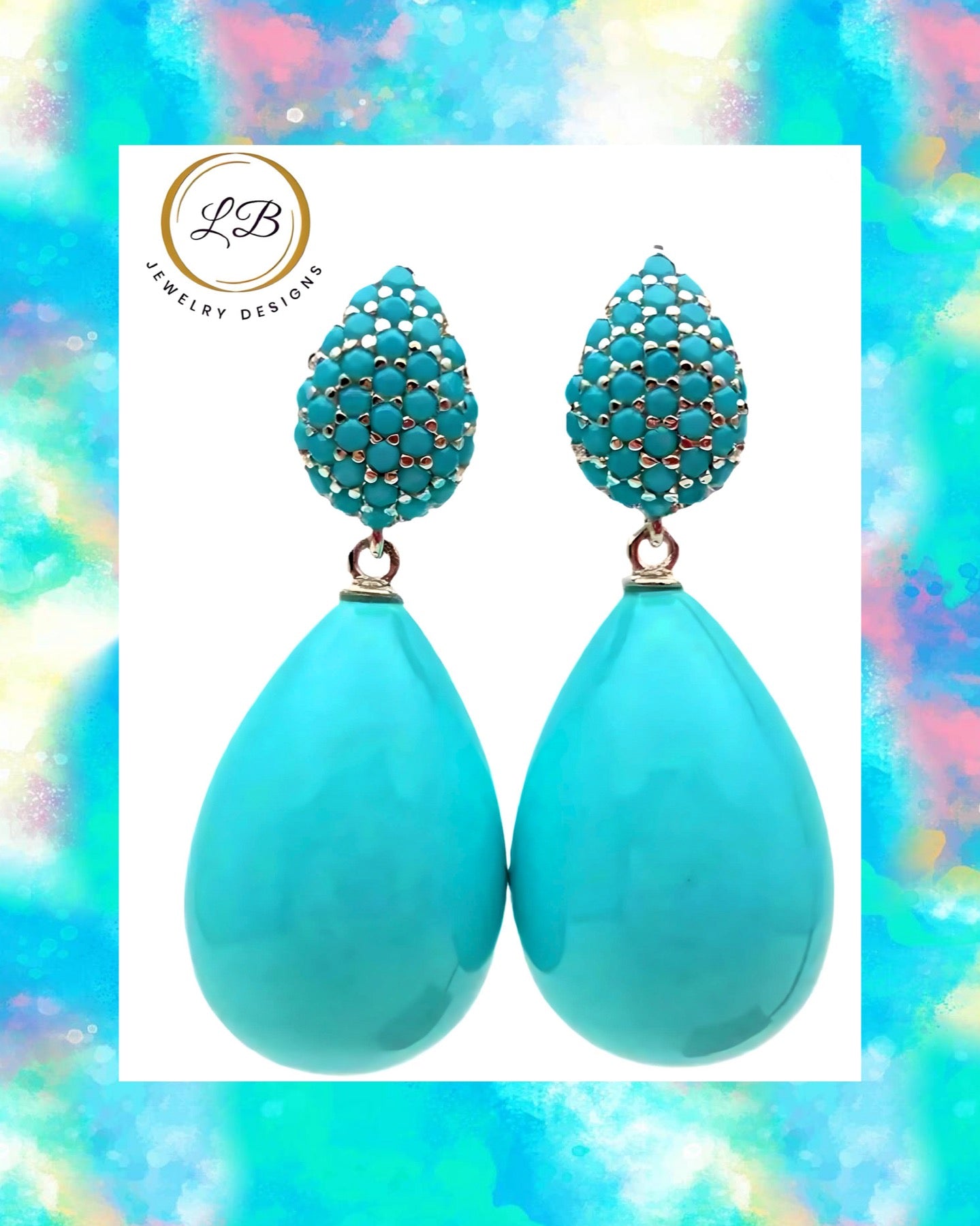 Sleeping Beauty Turquoise Teardrop Pave Stud Earrings 1.4”