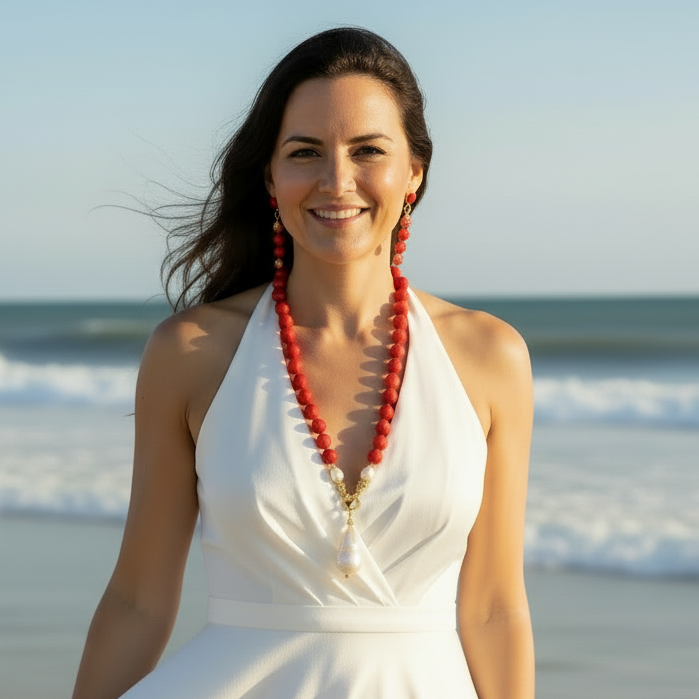 Red Coral & Keshi Pearl Pendant Necklace - Luxury Resort Statement Jewelry