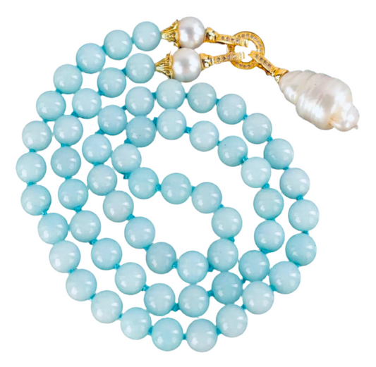 Keshi Pearl Drop & Aquamarine Gemstone Double-Knotted Statement Necklace 18