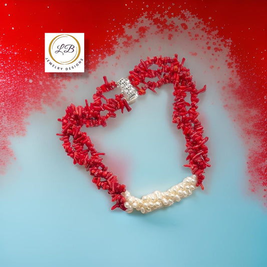 Red Coral & Freshwater Pearls Triple-Strand Statement Necklace 21