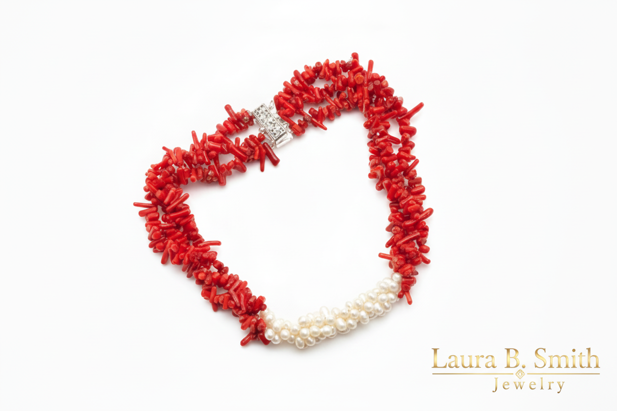 Luxury Red Coral & Freshwater Pearl Triple-Strand Necklace - Statement Resort Jewelry