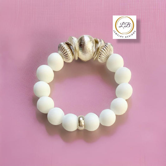 Alabaster Gemstone Brushed Silver Beaded Bracelet