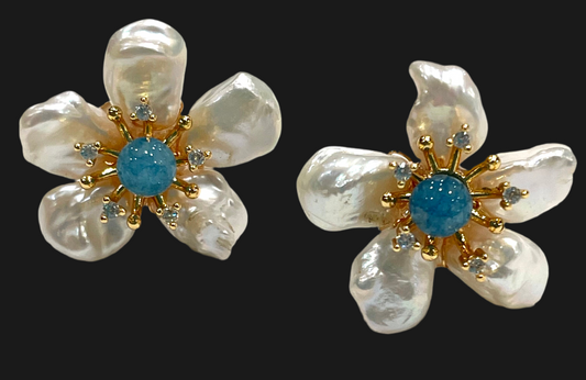 Pearl Petals & Aquamarine Flower Statement Earrings 1