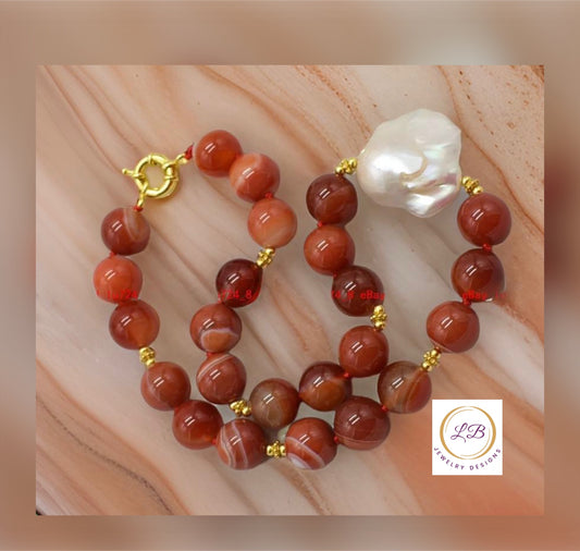 Striped Agate & Baroque Pearl Gemstone Statement Necklace 18”