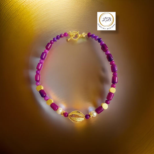 Purple Sugilite & Pearls Gemstone Gold Vermeil Pendant Necklace 20