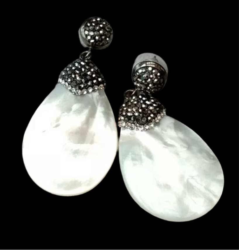 Black Marcasite & White Mother Of Pearl Gemstone Dangle Earrings 2"