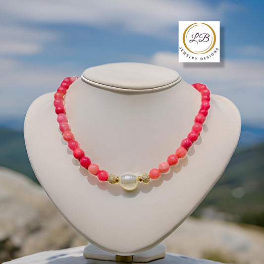 Classic Pink Rhodochrosite & Freshwater Pearl Gold Pave Statement Necklace 18