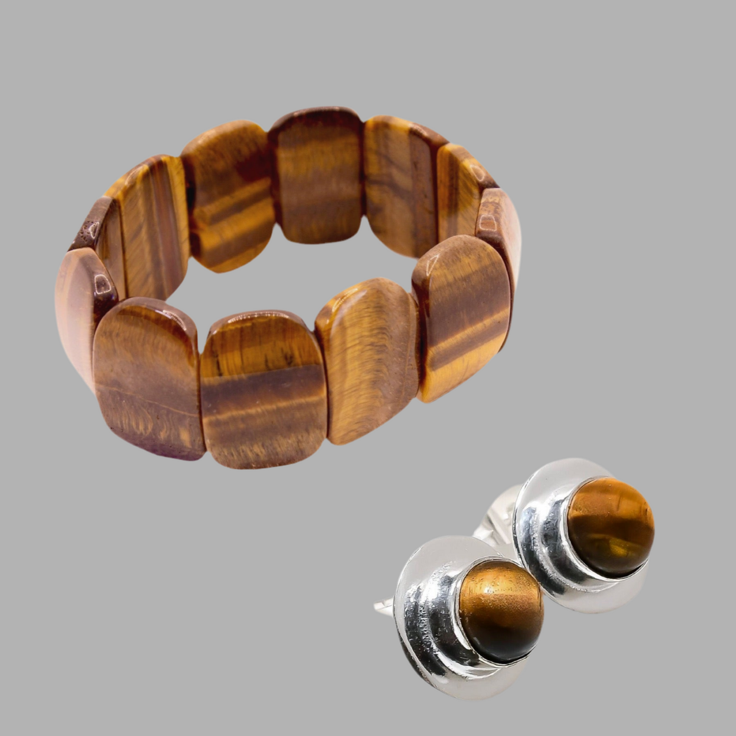 Tiger's Eye Statement Bracelet & Sterling Silver Gemstone Stud Earrings Set