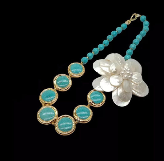 Coastal Turquoise & Pearl Pendant Statement Necklace 20”