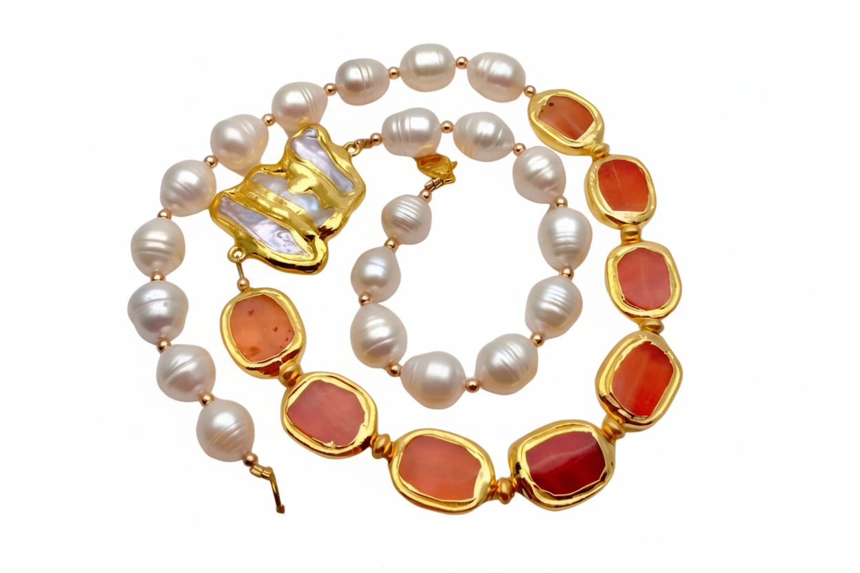 Orange Carnelian - Pearl Gemstone Statement Necklace 23”