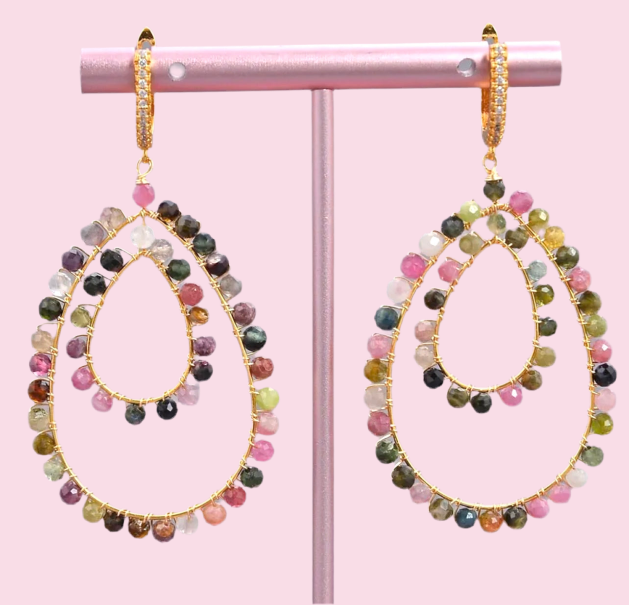 Semi-Precious Tourmaline Gemstones Statement Hoop Dangles 2.5”