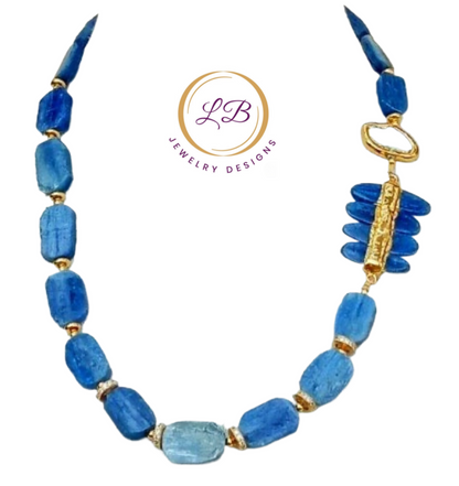Distinctive Blue Kyanite Gemstones and Biwa Pearls Gold Statement Necklace 21”