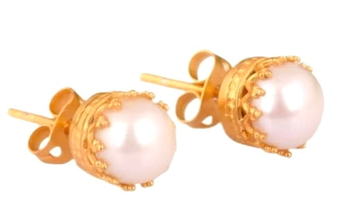 Regal Crown Design Gold Pearl Stud Earrings