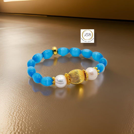 Blue Mexican Fire Opal Gemstone Beaded Bracelet, 18k Gold-Filled Center Bead and Baroque Pearls