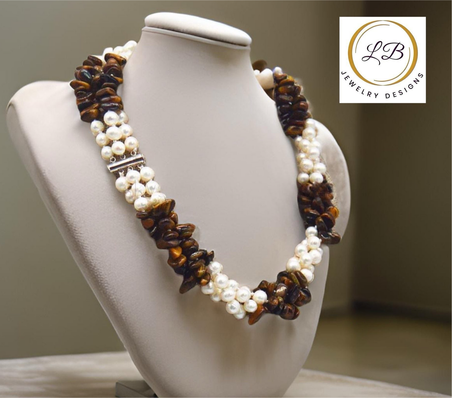 Tiger’s Eye & Freshwater Pearls Gemstone Triple-Strand Statement Necklace