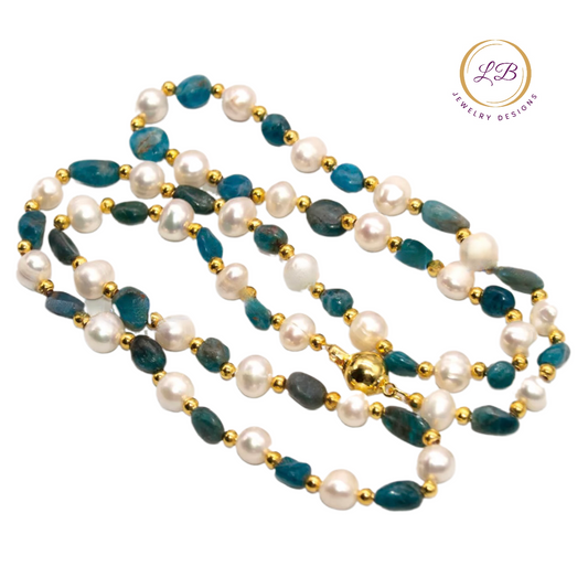 Blue Apatite & Pearl Gemstone Necklace & Hoop Earrings Set