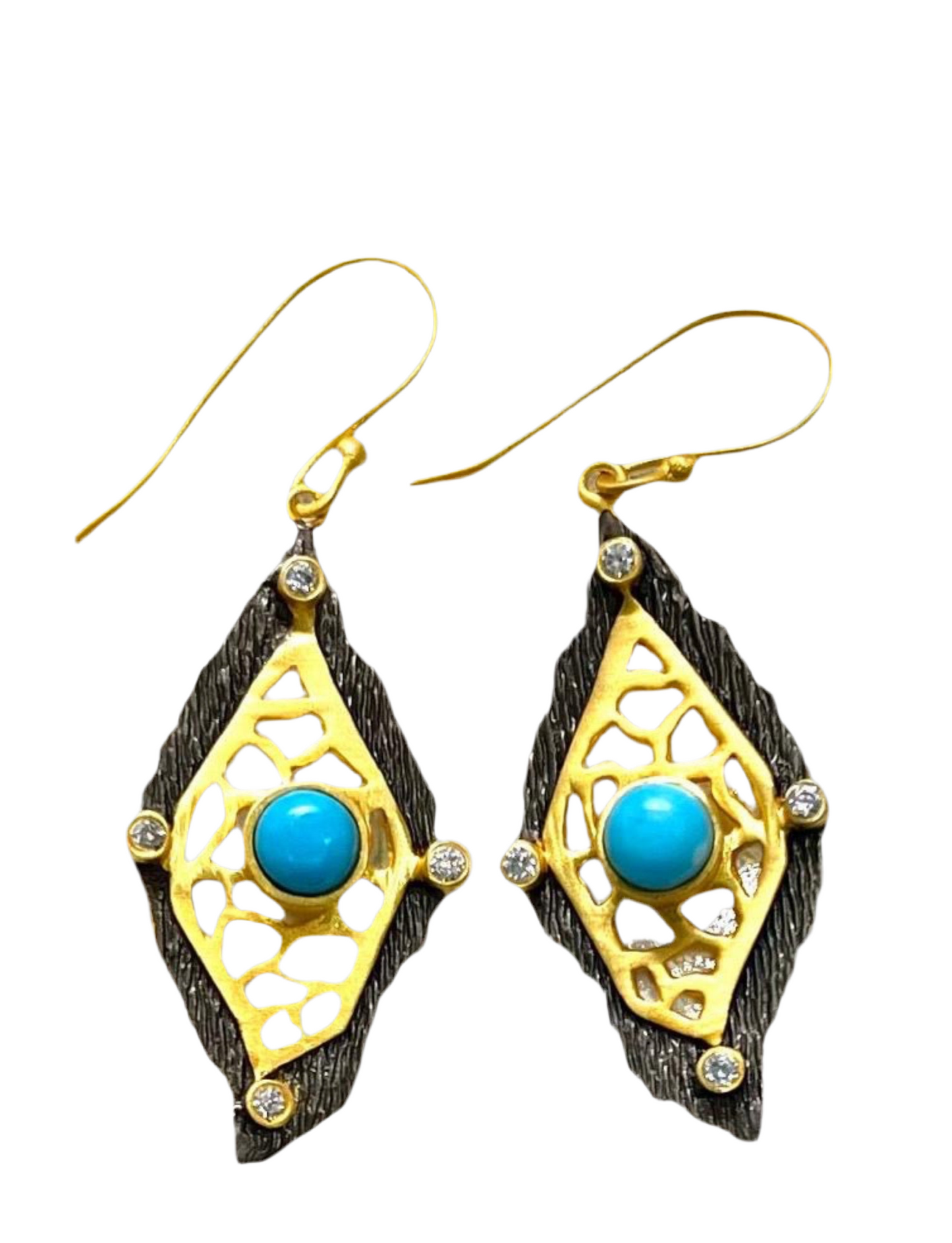 Intricate Gold Vermeil, Rhodium & Turquoise Dangle Earrings 2.5”