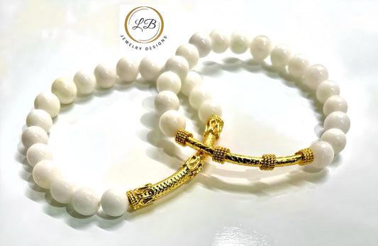 White Alabaster & Gold “Bali” Tube Beaded Bracelet