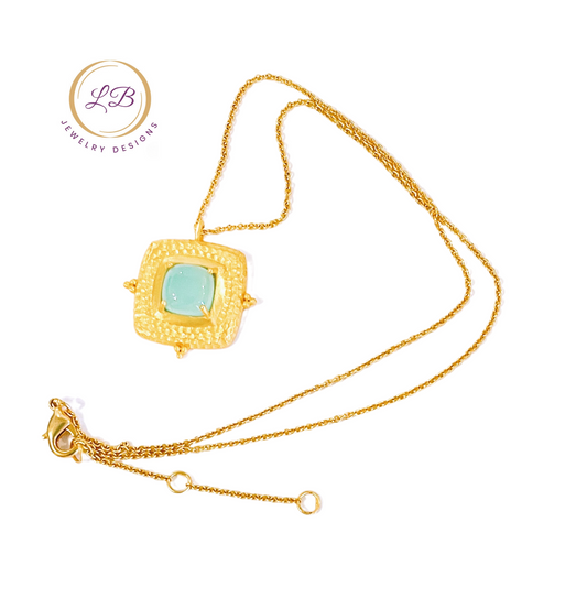 Aqua Chalcedony Gemstone 24k Gold Hammered Jewelry Set