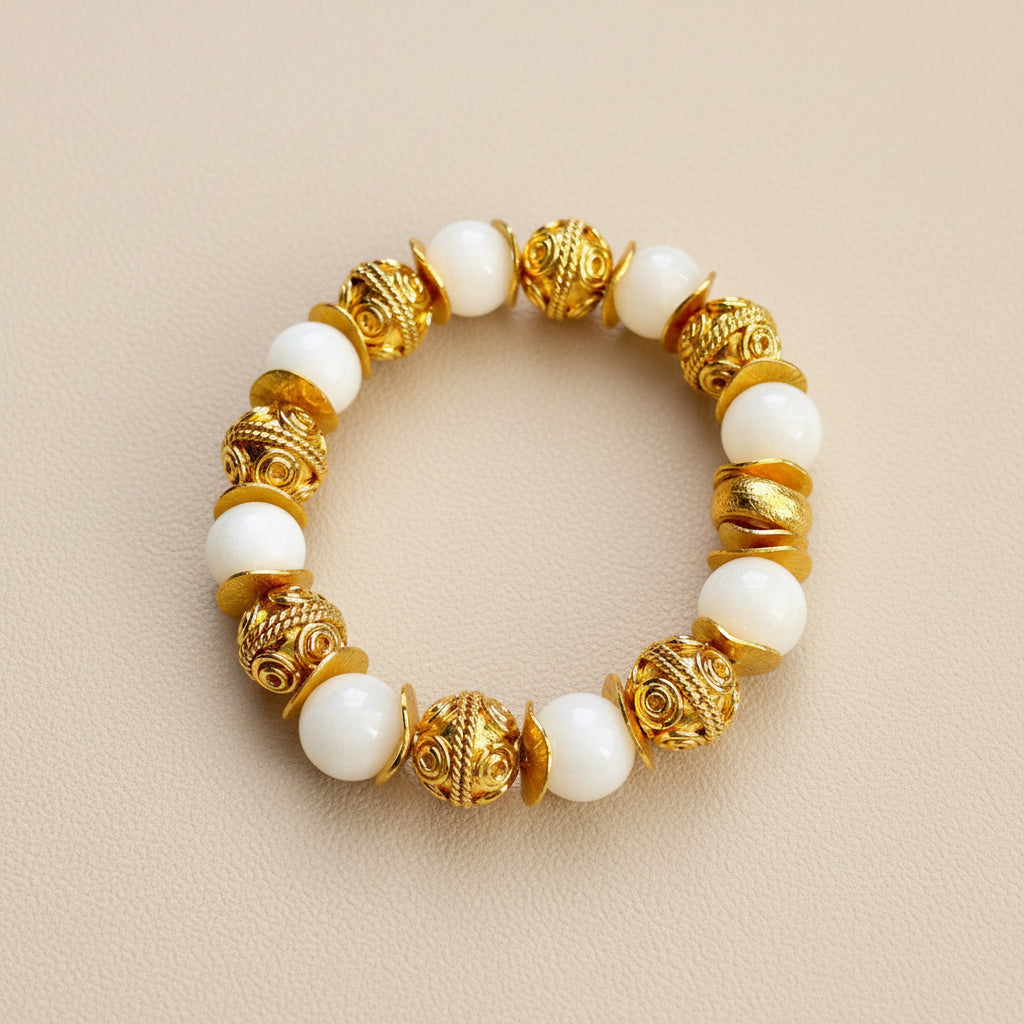 White Alabaster & 22k Gold Vermeil Bali Bracelet