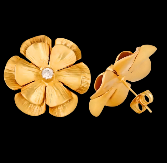 White Topaz 22k Gold Flower Statement Earrings 1”