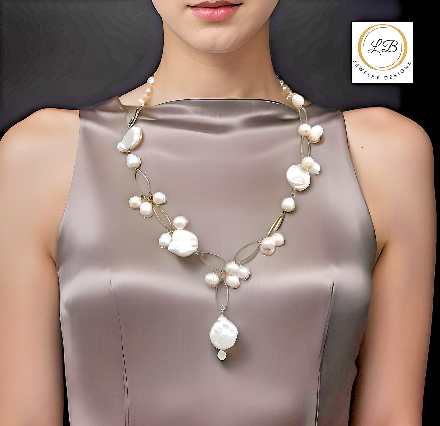 Pearl Cluster 18k Gold Chain Statement Necklace 21"
