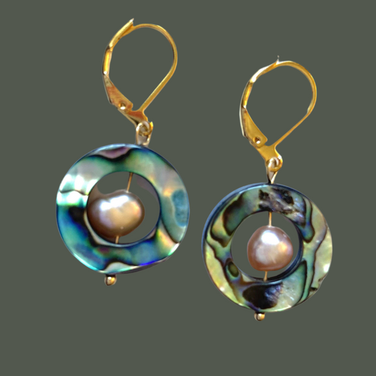 Iridescent Abalone and Baroque Pearl Gold Earrings