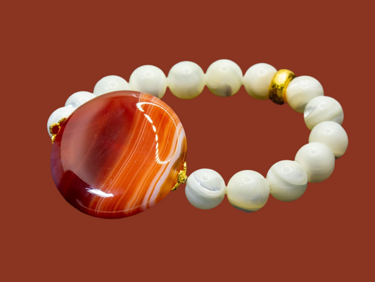 Orange-Striped Agate & Mother of Pearl Beaded Bracelet