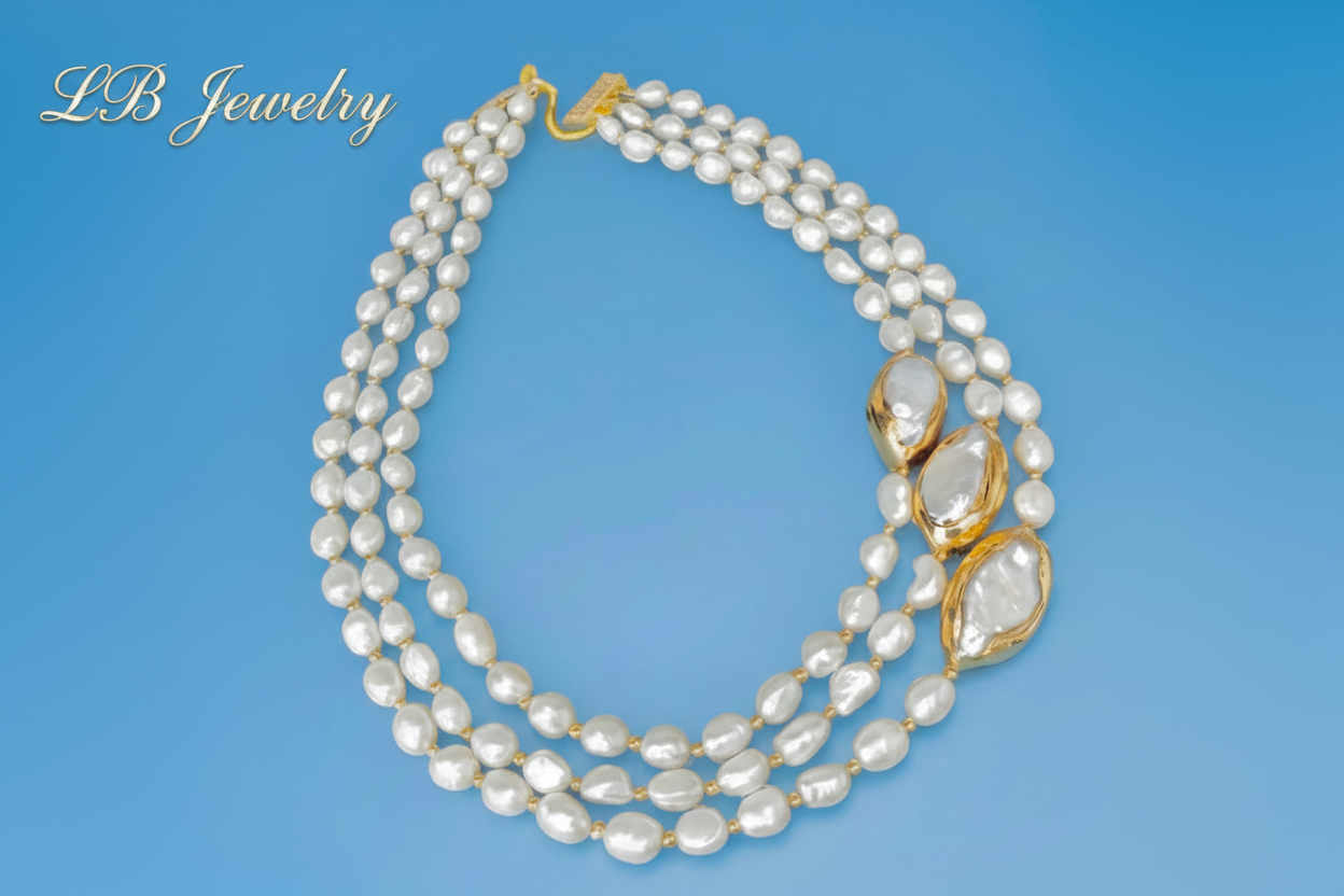 Baroque Pearl Triple-Strand Statement Necklace - Keshi Pearl Gold Vermeil Necklace