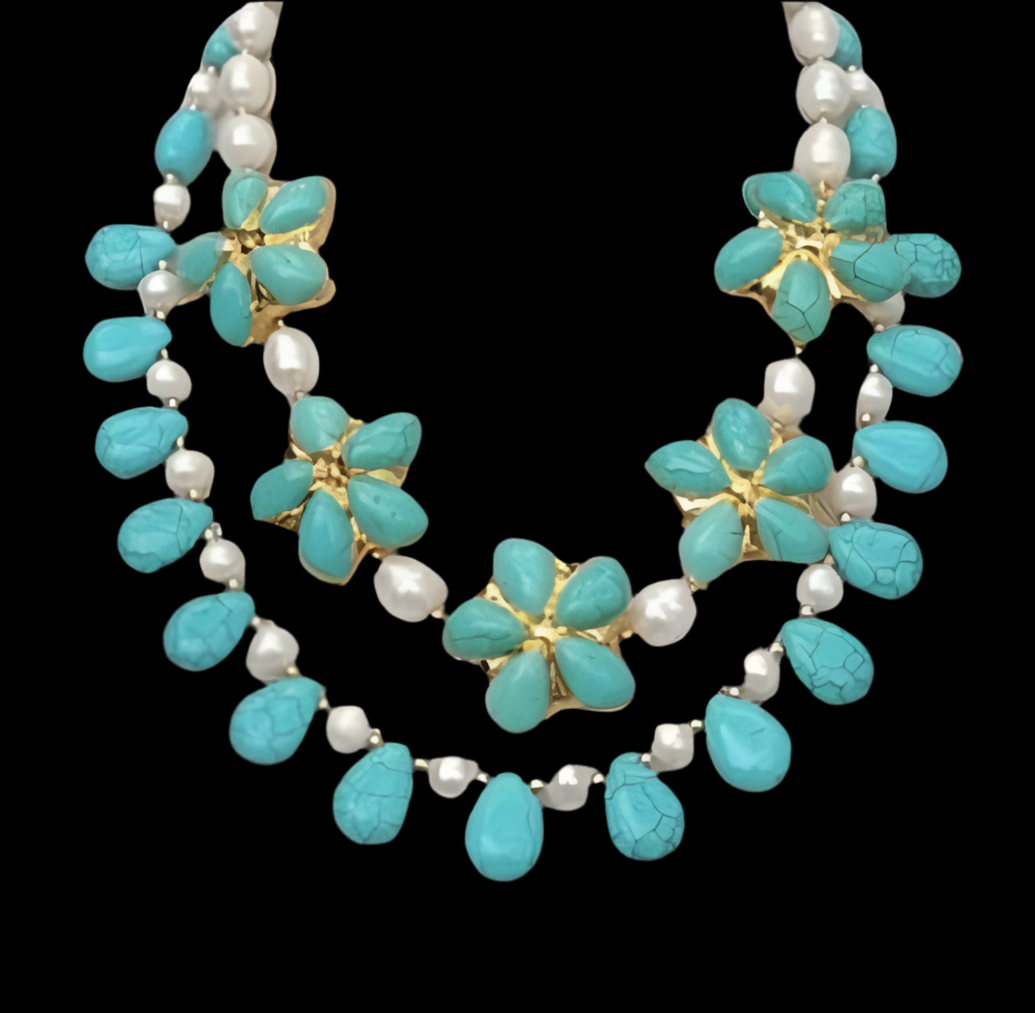 Double-Strand Turquoise & Pearl 22k Gold Statement Necklace