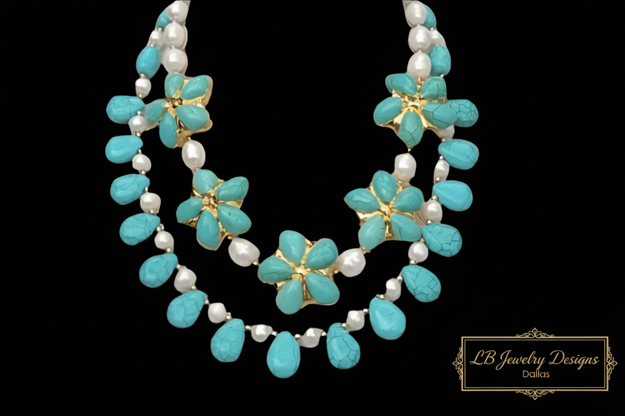 Turquoise Flower & Pearl Double-Strand Statement Necklace – 22k Gold Vermeil Resort Jewelry