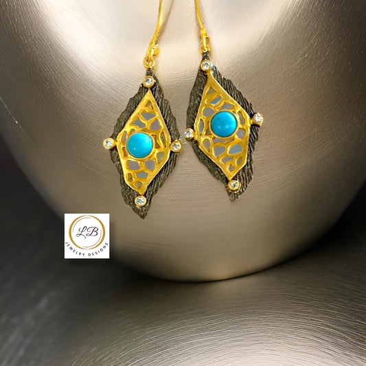 Intricate Gold Vermeil, Rhodium & Turquoise Dangle Earrings 2.5”