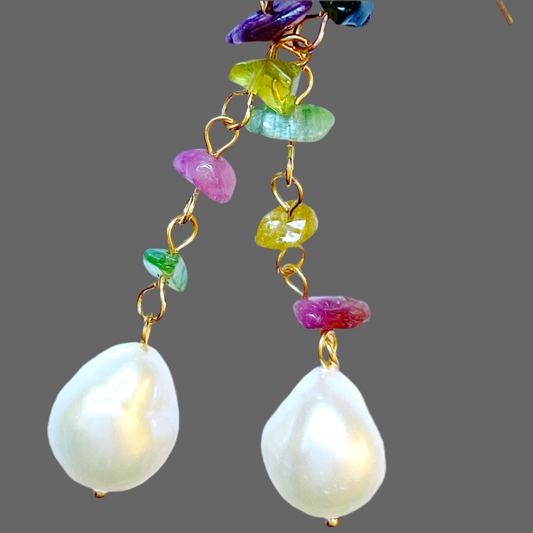 Semi-Precious Tourmaline and Pearl Gemstone Dangle Earrings 2”