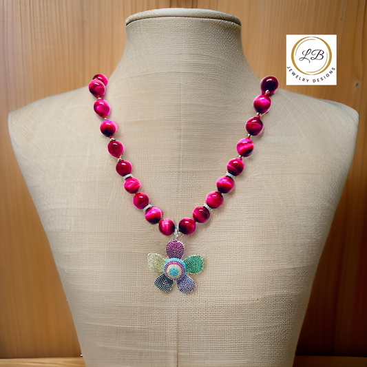 Vivid Fuchsia Tiger’s Eye & Pave Flower Pendant Statement Necklace 24”