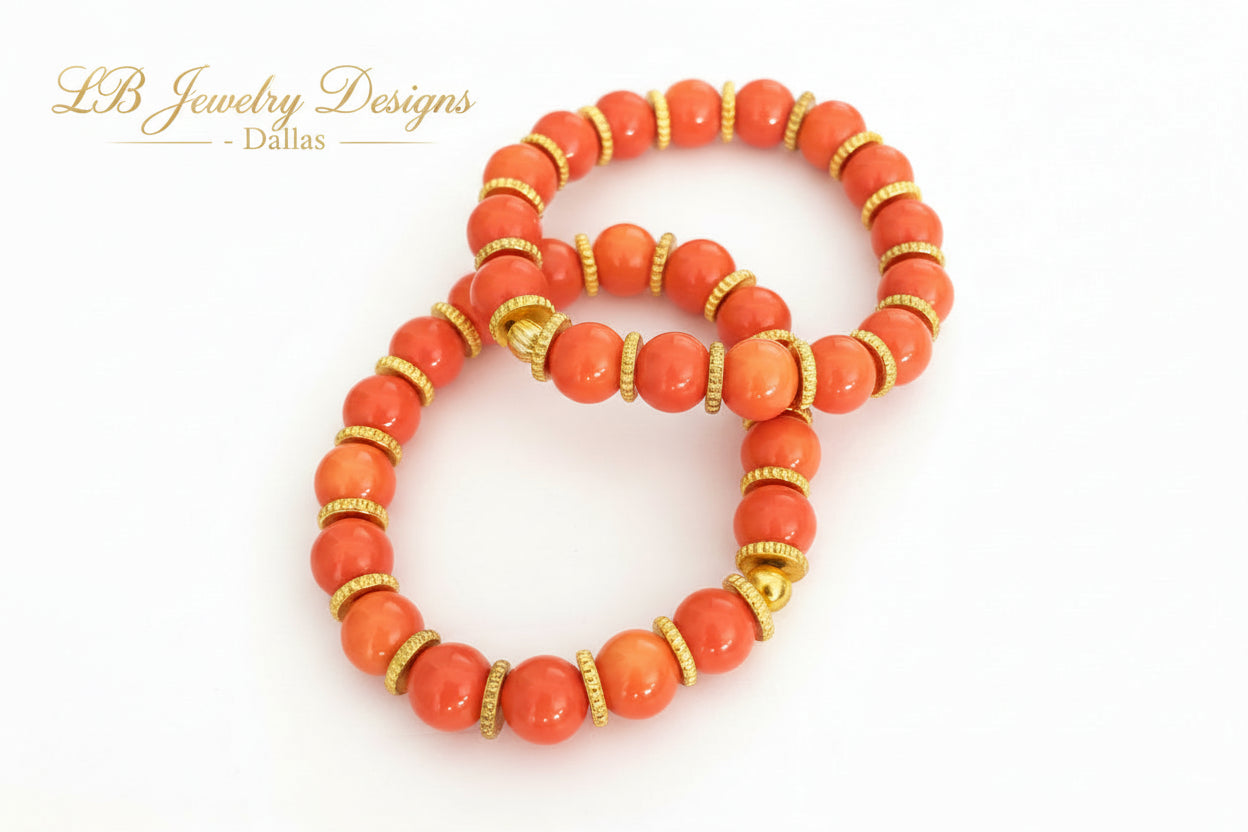 Luxury Orange Coral & 18K Gold Bracelet Stack