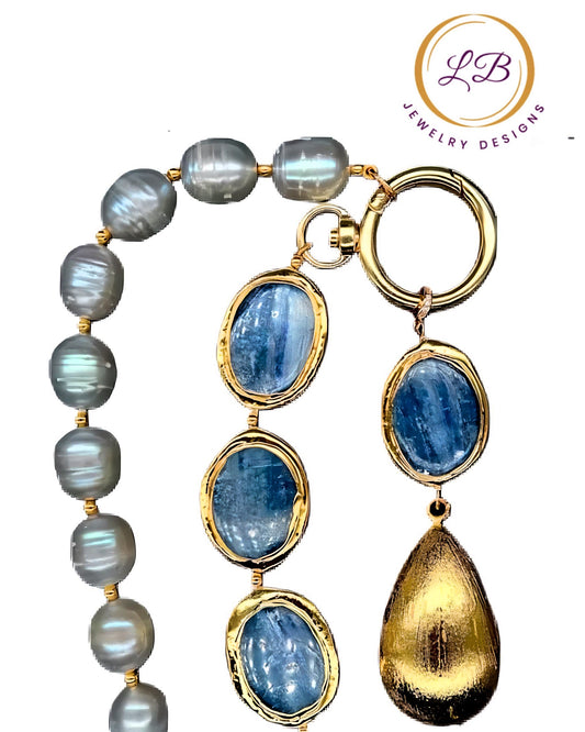 Blue Kyanite and Gray Pearl Gemstone Brushed Gold Vermeil Statement Necklace 18
