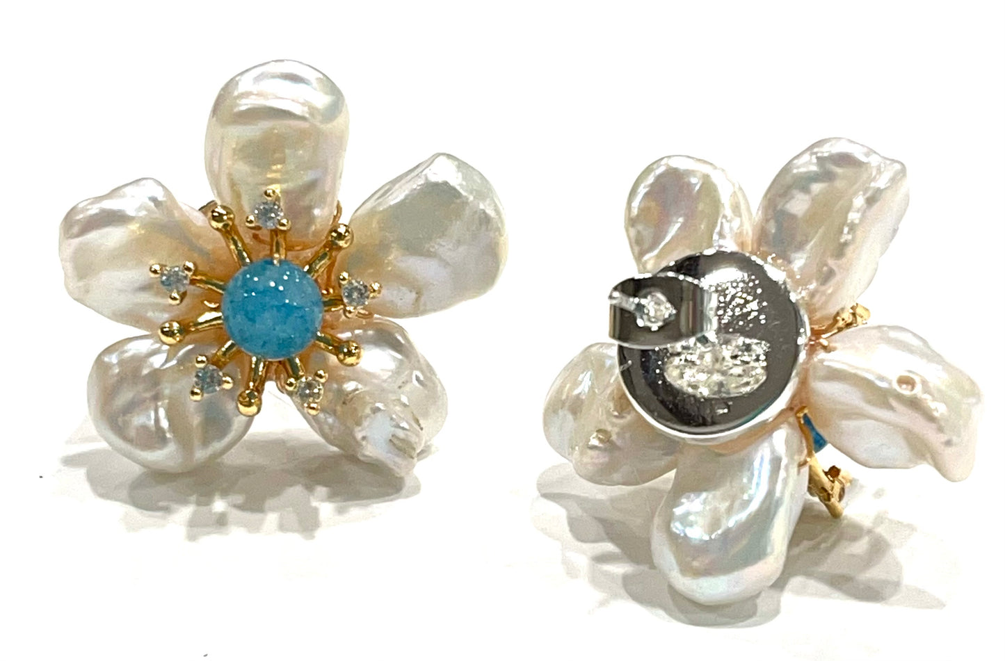 Pearl Petals & Aquamarine Flower Statement Earrings 1"