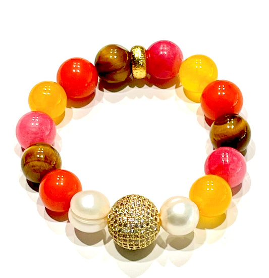 Colorful Tiger's Eye, Quartz, Rhodochrosite & Pearl Gemstone Beaded Bracelet