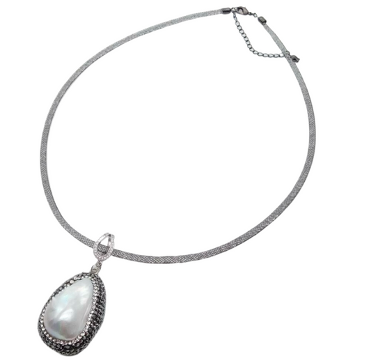 Distinctive Silver Mesh Necklace with Keshi Pearl Marcasite Pendant 19”