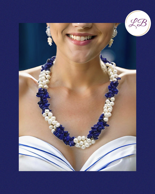Lapis Lazuli & Freshwater Pearls Gemstone Triple-Strand Statement Necklace 18