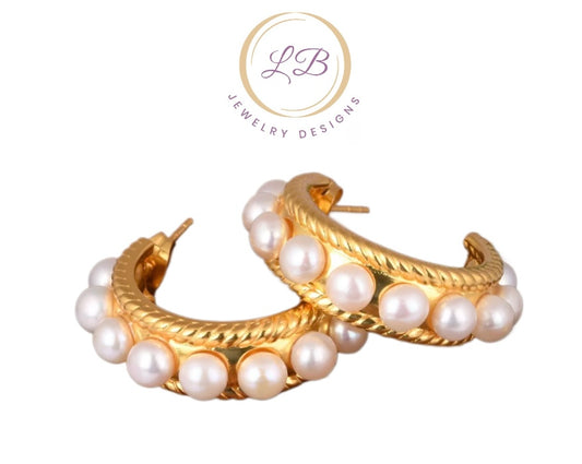 24k Gold Hoop Pearl Earrings