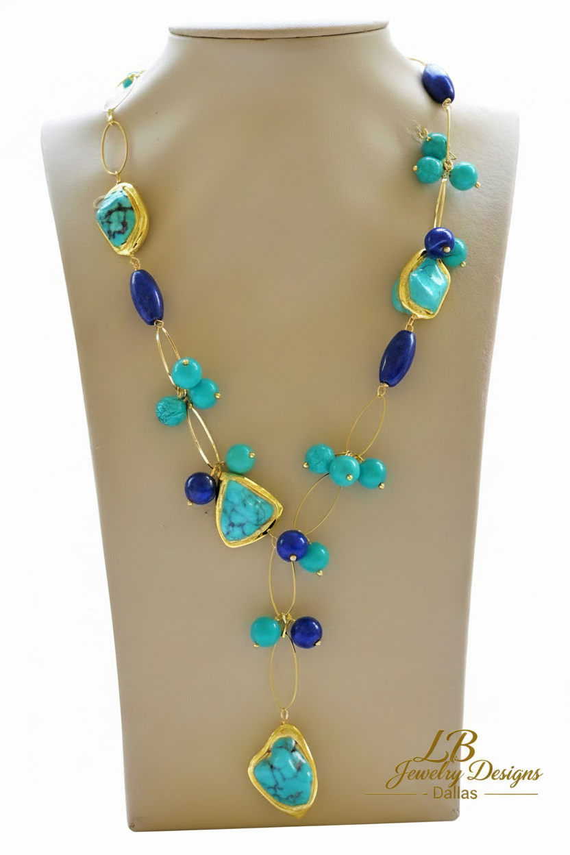 Turquoise & Lapis Lazuli Gold Chain Statement Necklace